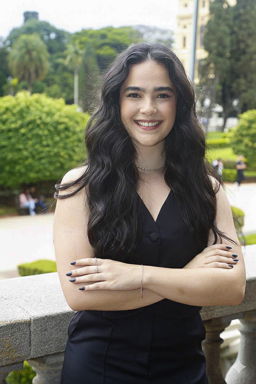Luiza Carvalho, psicóloga, sorrindo em um jardim